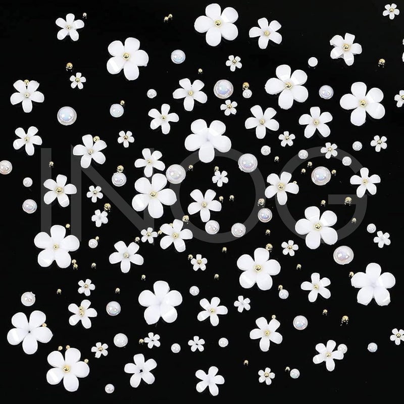INOG 3D Flower Nail Art Charms, 250pcs White Flowers Rhinestones Kit, Crystal Pearls Flat Design Acrylic Studs Manicures Accessories for Women Girls - Image 3