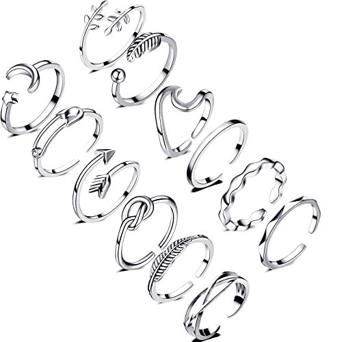 Honsny 12PCS Silver Plated Rings Adjustable Open Rings for Women Cute Stackable Thumb Rings Joint Chain Midi FingerArrow Knot Wave Band Rings Set - Image 1