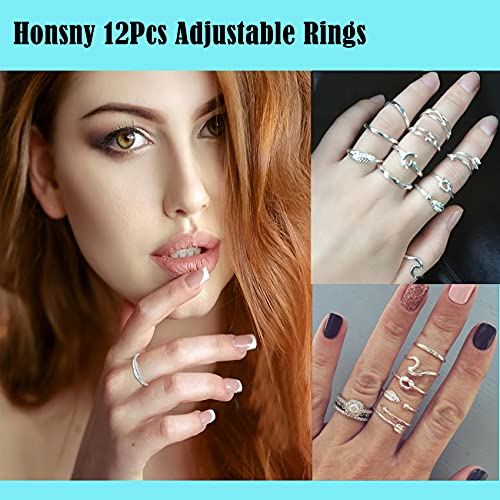 Honsny 12PCS Silver Plated Rings Adjustable Open Rings for Women Cute Stackable Thumb Rings Joint Chain Midi FingerArrow Knot Wave Band Rings Set - Image 2