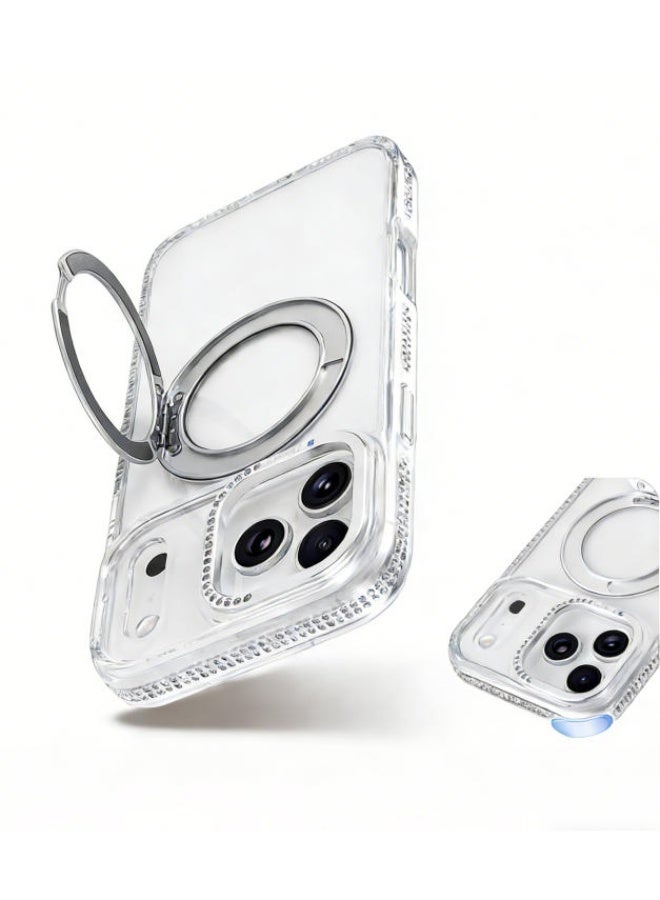 غلاف متوافق مع MagSafe لهاتف آيفون 17 برو ماكس، غلاف هاتف مغناطيسي بستاند دوار بتصميم الماس مضاد للخدش والصدمات - لون فضي - Image 3