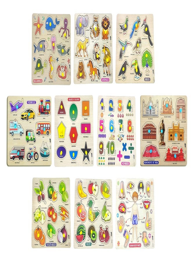 APPSTER 10pcs Wooden Jigsaw Puzzle Set for Kids | Animal, Fruit, Vegetable, Bird, Vehicle, Shape & Colour, Number, Monument of India, Body Part & Sea Animals | Educational Learning Toys for Toddlers - Image 1