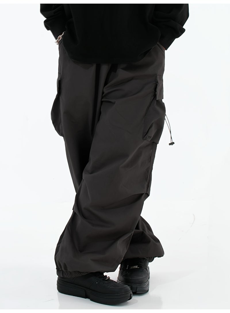 بنطلون رجالي أسود واسع الساقين بجيوب متعددة، بقصة فضفاضة وواسعة، برباط - Image 3