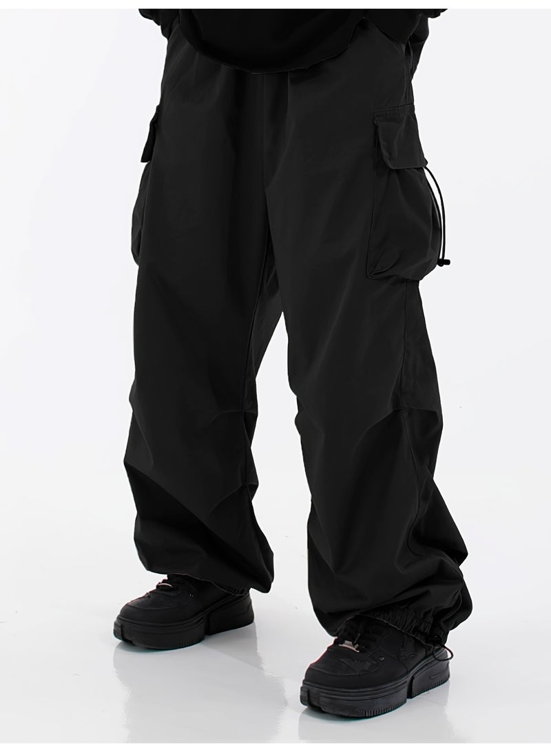 بنطلون رجالي أسود واسع الساقين بجيوب متعددة، بقصة فضفاضة وواسعة، برباط - Image 1