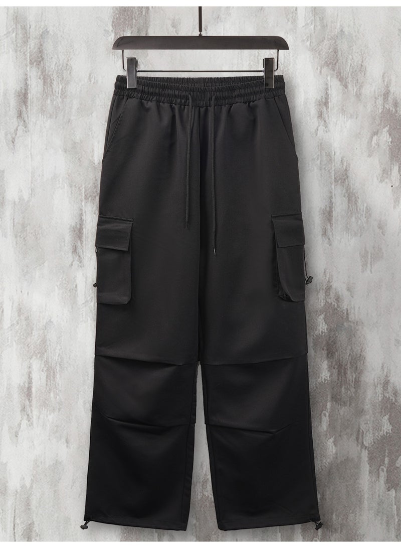 بنطلون رجالي أسود واسع الساقين بجيوب متعددة، بقصة فضفاضة وواسعة، برباط - Image 5