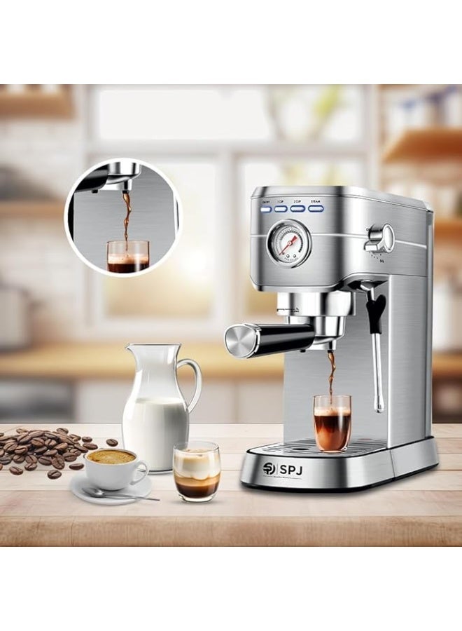 SPJ 20-Bar Espresso Coffee Machine – Professional Pump with Real-Time Pressure Gauge | Stainless Steel Coffee Maker | 34oz Removable Water Tank | High-Performance Steam Wand | 1-Year Warranty (Silver) - Image 1