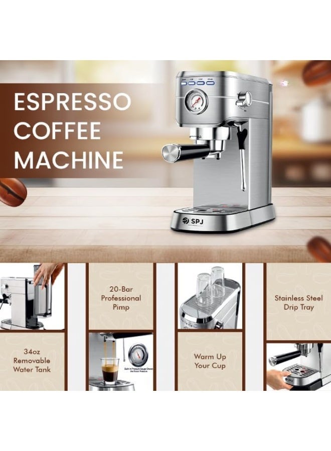 SPJ 20-Bar Espresso Coffee Machine – Professional Pump with Real-Time Pressure Gauge | Stainless Steel Coffee Maker | 34oz Removable Water Tank | High-Performance Steam Wand | 1-Year Warranty (Silver) - Image 2