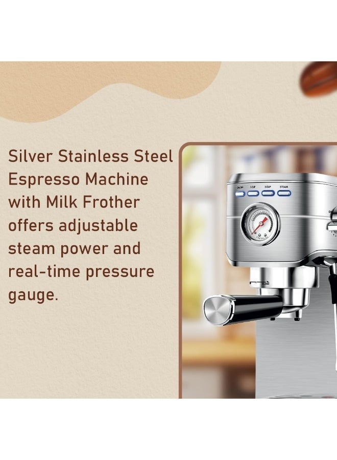 SPJ 20-Bar Espresso Coffee Machine – Professional Pump with Real-Time Pressure Gauge | Stainless Steel Coffee Maker | 34oz Removable Water Tank | High-Performance Steam Wand | 1-Year Warranty (Silver) - Image 4