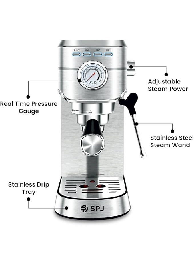 SPJ 20-Bar Espresso Coffee Machine – Professional Pump with Real-Time Pressure Gauge | Stainless Steel Coffee Maker | 34oz Removable Water Tank | High-Performance Steam Wand | 1-Year Warranty (Silver) - Image 3