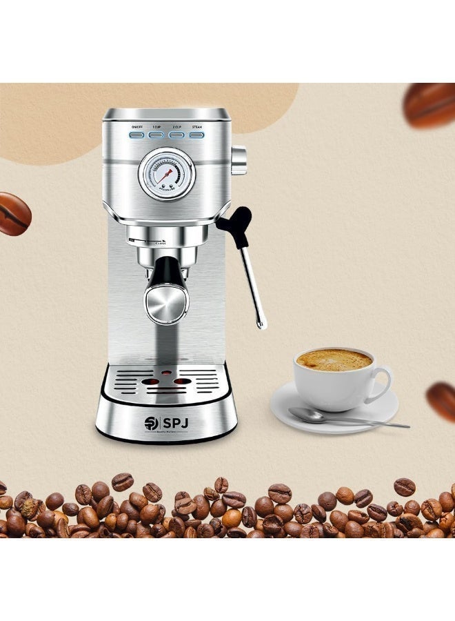 SPJ 20-Bar Espresso Coffee Machine – Professional Pump with Real-Time Pressure Gauge | Stainless Steel Coffee Maker | 34oz Removable Water Tank | High-Performance Steam Wand | 1-Year Warranty (Silver) - Image 5