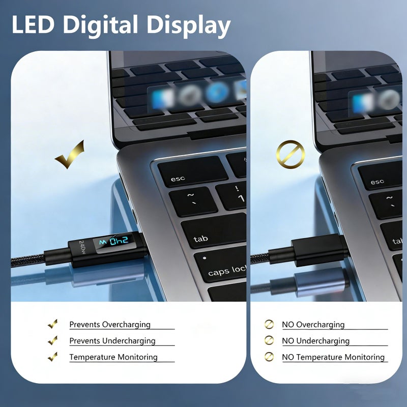 كابل يو إس بي سي بقدرة 240 واط مع شاشة LED، طوله 6.6 قدم، لون أسود، سلك شحن سريع - Image 3
