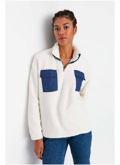 trendyol Ecru Contrast Pocket Detailed Plush High Neck Basic Knitted Sweatshirt TWOAW23SW00236  - Image 1