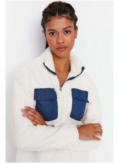 trendyol Ecru Contrast Pocket Detailed Plush High Neck Basic Knitted Sweatshirt TWOAW23SW00236  - Image 3
