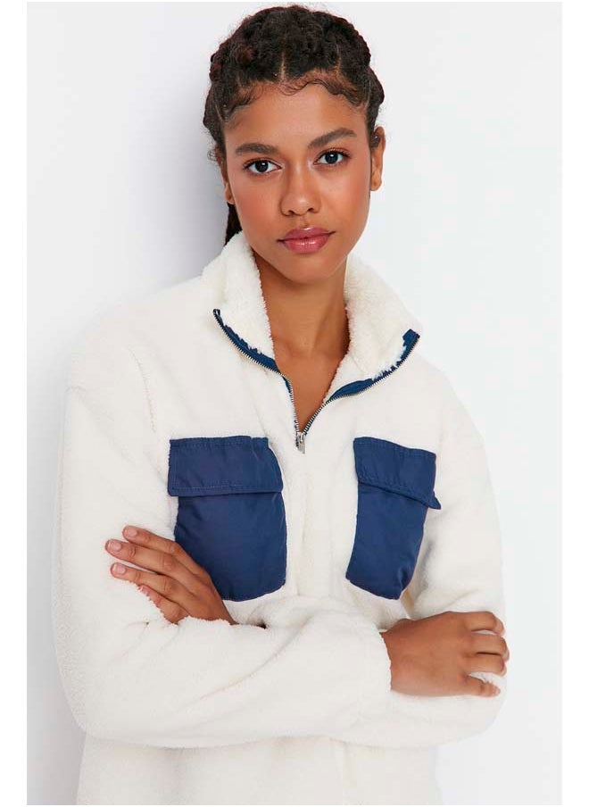 trendyol Ecru Contrast Pocket Detailed Plush High Neck Basic Knitted Sweatshirt TWOAW23SW00236  - Image 3