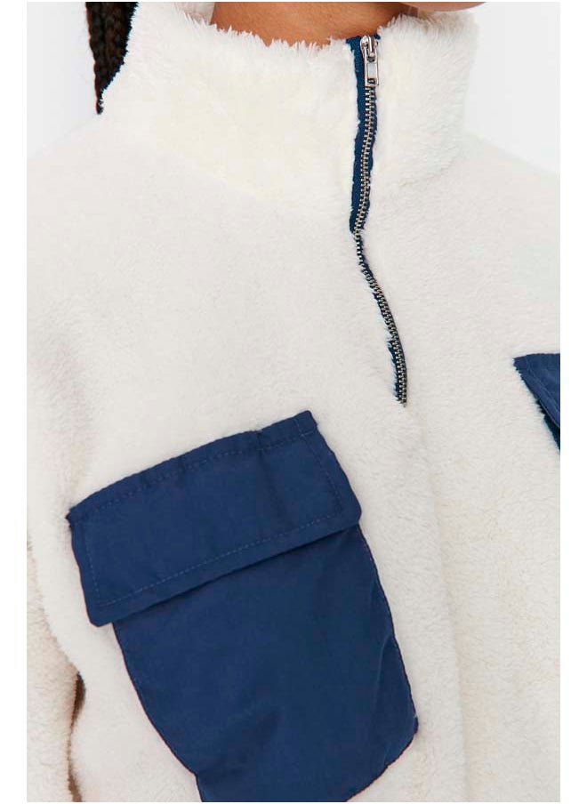 trendyol Ecru Contrast Pocket Detailed Plush High Neck Basic Knitted Sweatshirt TWOAW23SW00236  - Image 4