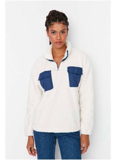 trendyol Ecru Contrast Pocket Detailed Plush High Neck Basic Knitted Sweatshirt TWOAW23SW00236  - Image 2