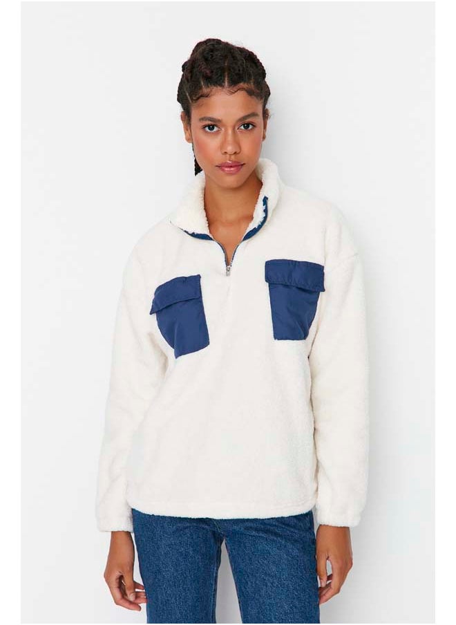 trendyol Ecru Contrast Pocket Detailed Plush High Neck Basic Knitted Sweatshirt TWOAW23SW00236  - Image 2