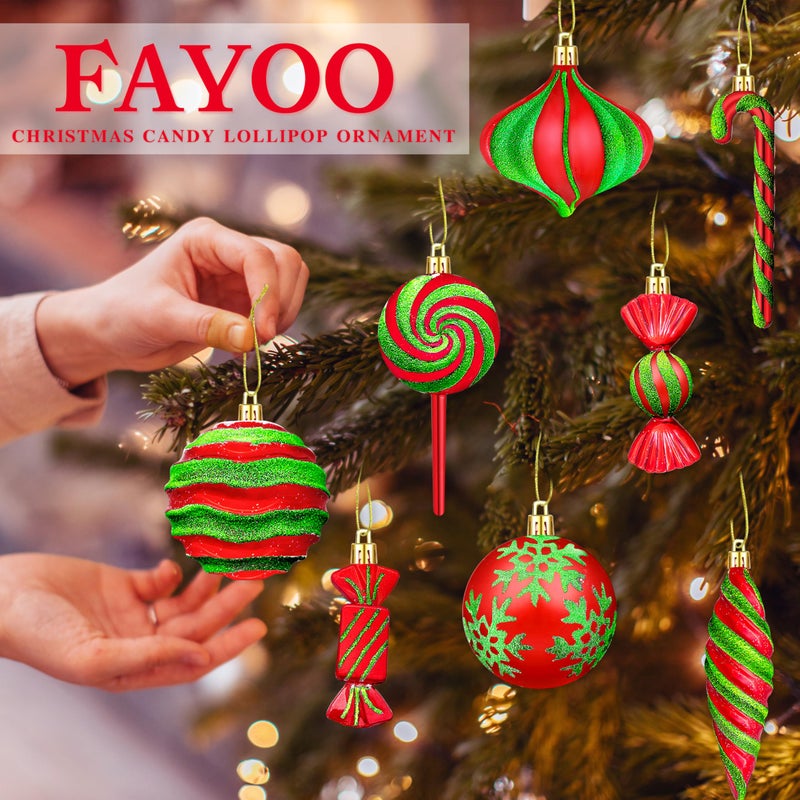 Fayoo Christmas Ornaments Candy Lollipop Set -48Pcs for Xmas Tree Decoration Hanging Plastic Gloss Candy Canes Ball Pendants for New Year Home Decor Party Supplies (Red Green) - Image 4
