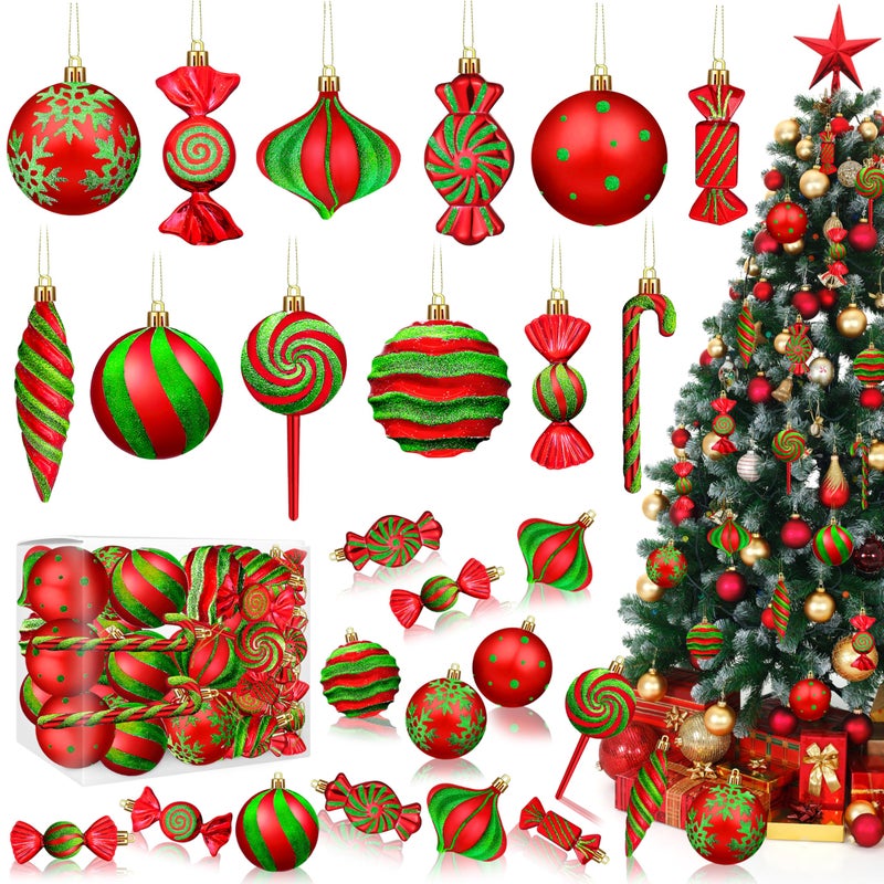 Fayoo Christmas Ornaments Candy Lollipop Set -48Pcs for Xmas Tree Decoration Hanging Plastic Gloss Candy Canes Ball Pendants for New Year Home Decor Party Supplies (Red Green) - Image 1