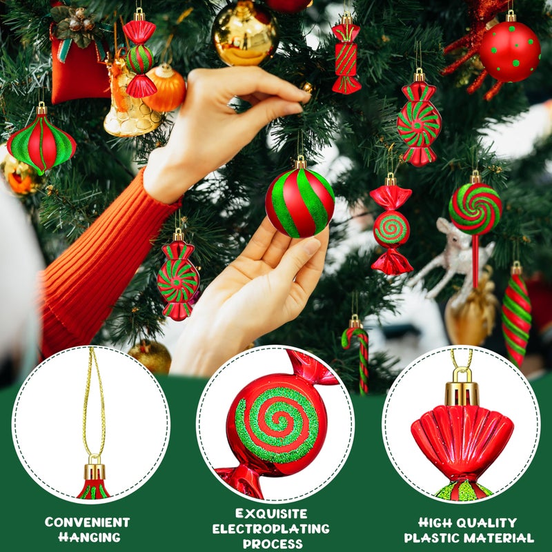 Fayoo Christmas Ornaments Candy Lollipop Set -48Pcs for Xmas Tree Decoration Hanging Plastic Gloss Candy Canes Ball Pendants for New Year Home Decor Party Supplies (Red Green) - Image 3
