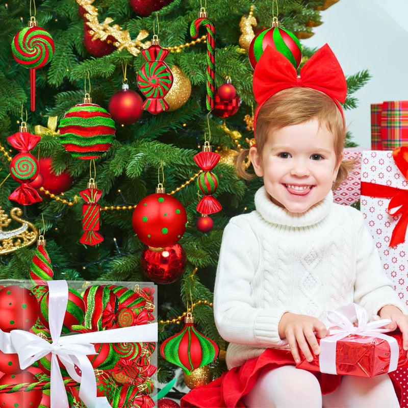 Fayoo Christmas Ornaments Candy Lollipop Set -48Pcs for Xmas Tree Decoration Hanging Plastic Gloss Candy Canes Ball Pendants for New Year Home Decor Party Supplies (Red Green) - Image 5