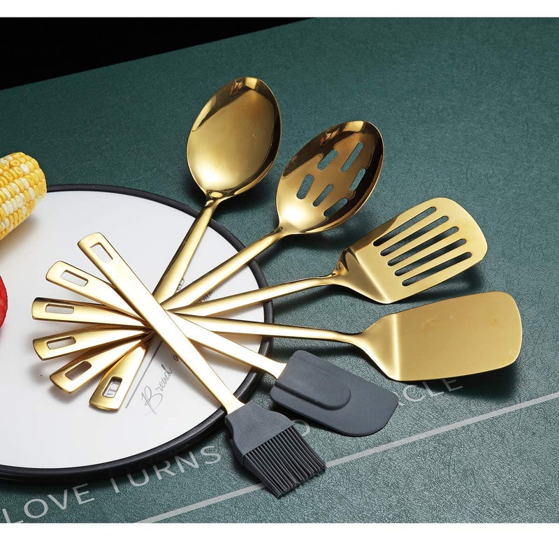 Berglander Gold Cooking Spoons, Berglander 6 Pieces Spatula Set Stainless Steel, Metal Spatula, Serving Spoon, Kitchen Tools Set Non-Stick And Heat Resistant, Dishwasher Safe, Easy to Clean (6 Packs) - Image 4