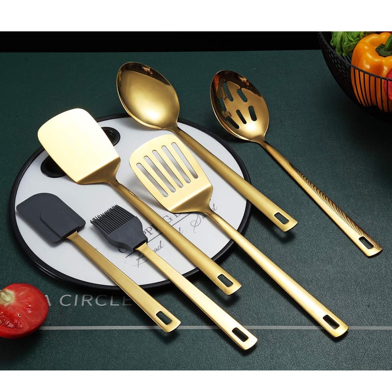 Berglander Gold Cooking Spoons, Berglander 6 Pieces Spatula Set Stainless Steel, Metal Spatula, Serving Spoon, Kitchen Tools Set Non-Stick And Heat Resistant, Dishwasher Safe, Easy to Clean (6 Packs) - Image 2