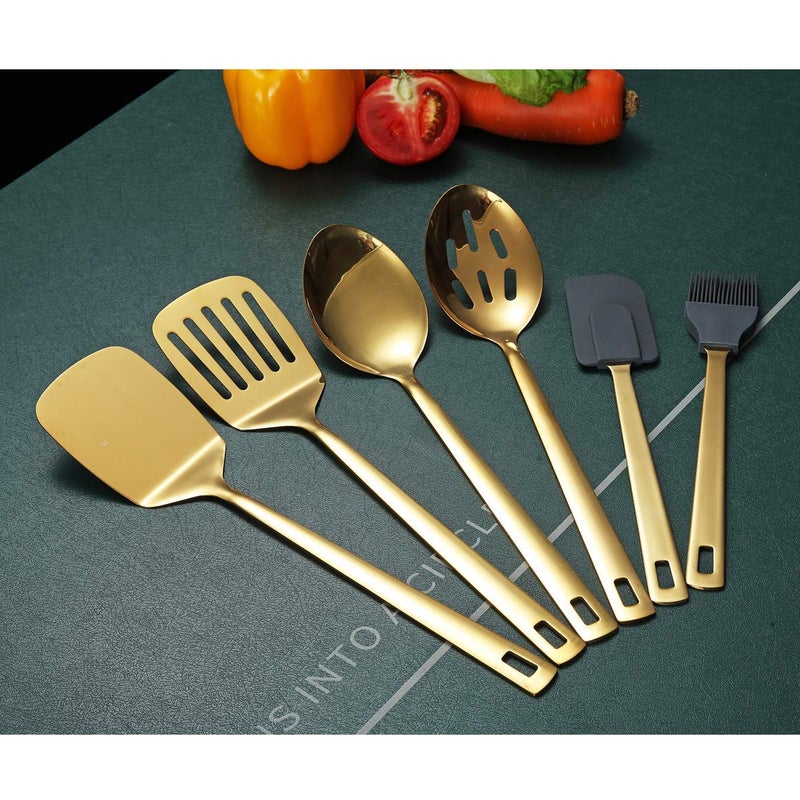 Berglander Gold Cooking Spoons, Berglander 6 Pieces Spatula Set Stainless Steel, Metal Spatula, Serving Spoon, Kitchen Tools Set Non-Stick And Heat Resistant, Dishwasher Safe, Easy to Clean (6 Packs) - Image 3