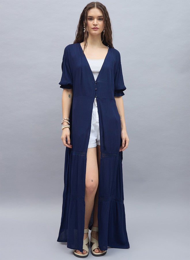 StyleStone Navy Blue Longline Shrug with Short Sleeves - Image 1