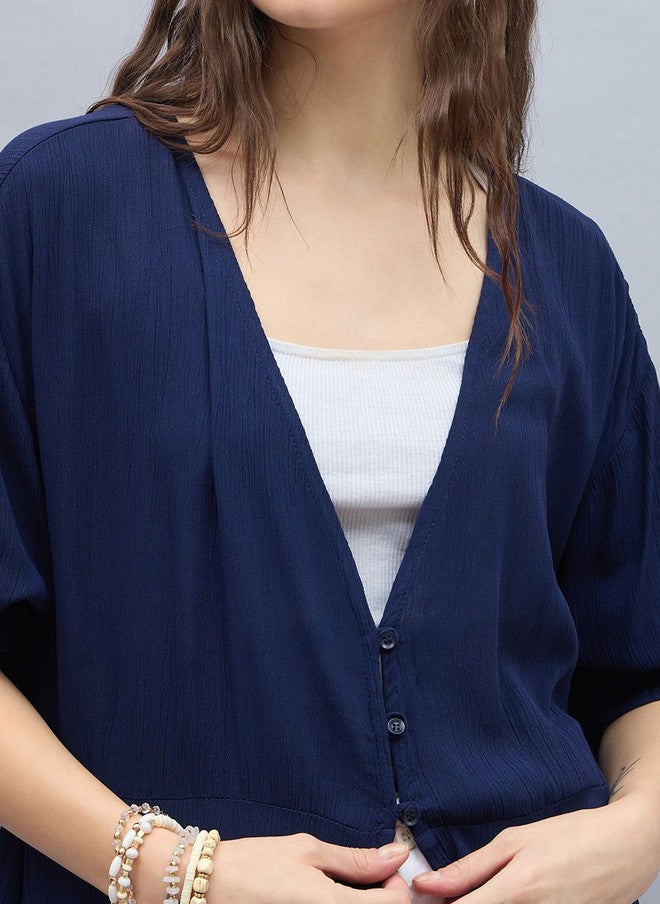 StyleStone Navy Blue Longline Shrug with Short Sleeves - Image 2