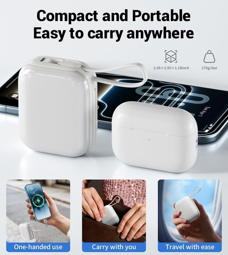 TONEOF Mini Power Bank, 10000mAh Portable Charger, Pocket Powerbank, PD 22.5W Fast Charging with 2 Cables, Small Battery Pack for iPhone 17 16 15 14 13 Pro Max/Samsung/Android/Tablet/iPad-Beige Grey - Image 3