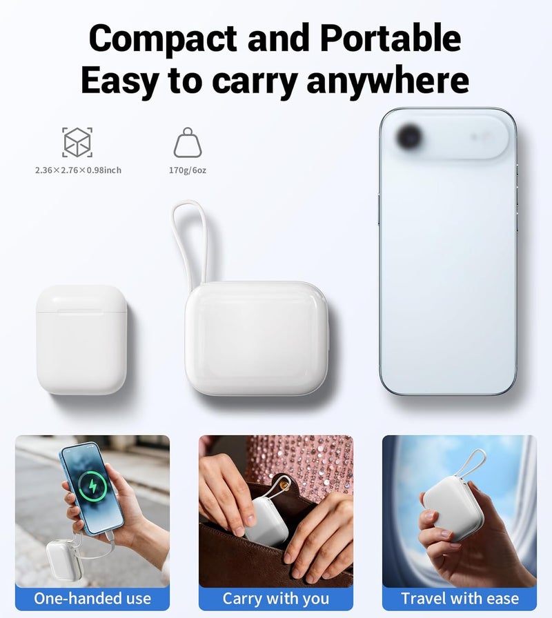 TONEOF Mini Power Bank, 10000mAh Portable Charger, Pocket Powerbank, PD 22.5W Fast Charging with 2 Cables, Small Battery Pack for iPhone 17 16 15 14 13 Pro Max/Samsung/Android/Tablet/iPad-Beige Grey - Image 2