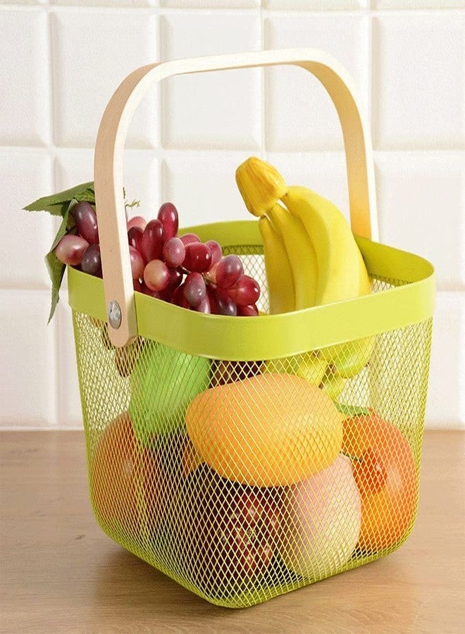 Kixre Metal Mesh Steel Basket, Storage Organizer Basket Multi-Functional Hanging Kitchen Baskets Fruit Basket Bin with Bamboo Handle for Kitchen Bathroom Picnic Shopping Decor Cabinet Home - Image 3