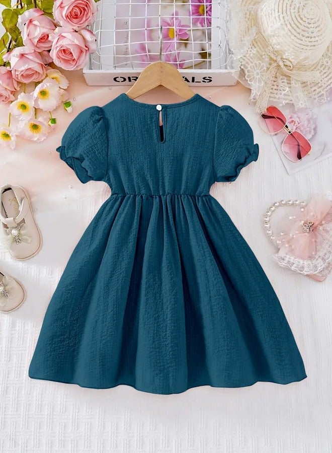 MENSBIT Girl Party Dress Pink Puff Sleeve Dress with Bow & Pearl (Teal-5-6 Y) - Image 3