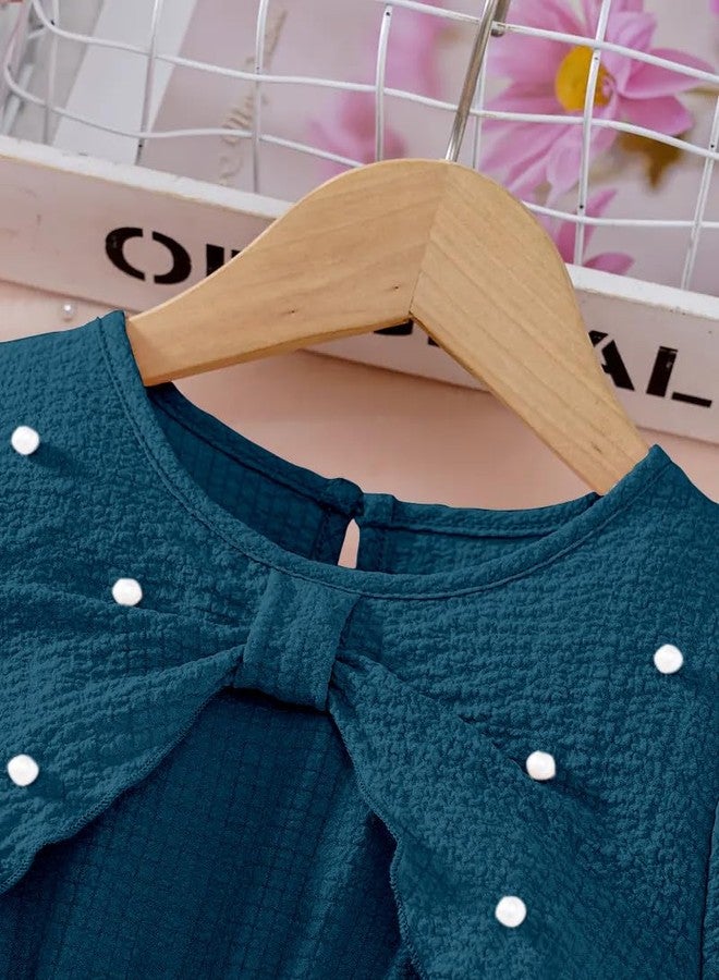 MENSBIT Girl Party Dress Pink Puff Sleeve Dress with Bow & Pearl (Teal-5-6 Y) - Image 5