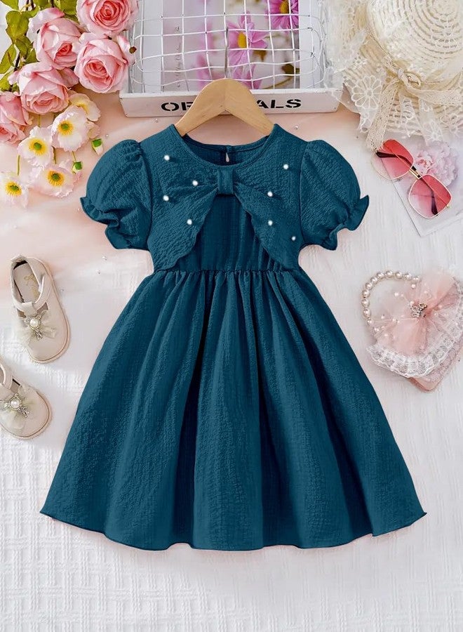 MENSBIT Girl Party Dress Pink Puff Sleeve Dress with Bow & Pearl (Teal-5-6 Y) - Image 2