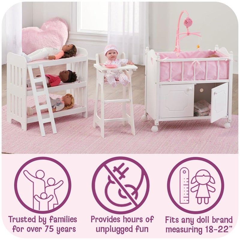Badger Basket Wooden Doll Bed with Bed Liner, Pillows and Two Storage Baskets - Fits 18" Dolls - Ideal for Pretend Play and Baby Doll Fun - White/Rose Design with Free Personalization Kit - Image 3