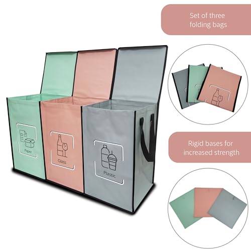 NYIKA - Recycling Organizer - Reusable Recycling Bags - Recycling Sorter - Trash Sorting Bins - 3 Compartment Recycle - Pack of 3 Bags with Lid (Mediterranean) - Image 4
