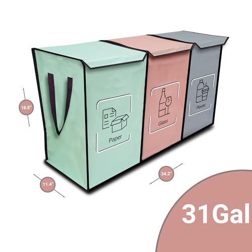 NYIKA - Recycling Organizer - Reusable Recycling Bags - Recycling Sorter - Trash Sorting Bins - 3 Compartment Recycle - Pack of 3 Bags with Lid (Mediterranean) - Image 3