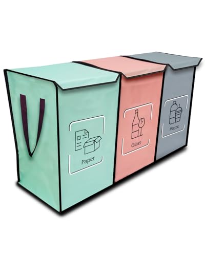 NYIKA - Recycling Organizer - Reusable Recycling Bags - Recycling Sorter - Trash Sorting Bins - 3 Compartment Recycle - Pack of 3 Bags with Lid (Mediterranean) - Image 1