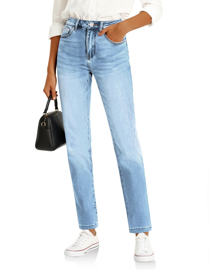 Cicy Bell Womens Straight Leg Jeans High Waisted Mid Rise Stretchy Denim Pants Tapered Petite Jeans Baby Blue - Image 1