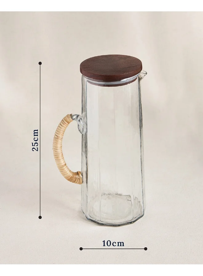تشومباك Chumbak Farmhouse Glass Pitcher with Lid, 1250ml | Juice and Water Glass Pitcher Jug, 1.25l Water jug with Handle hot Cold Water, Milk and Juice Beverage