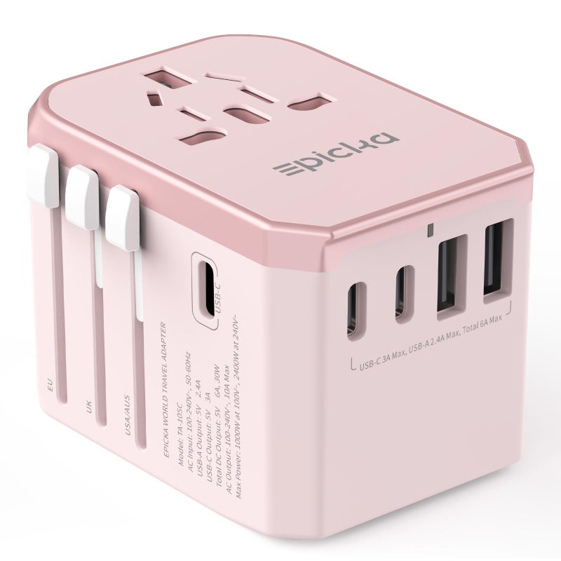 EPICKA Universal Travel Adapter, International Power Plug Adapter with 3 USB-C and 2 USB-A Ports, All-in-One Worldwide Wall Charger for USA EU UK AUS (TA-105C, Pink) - Image 1