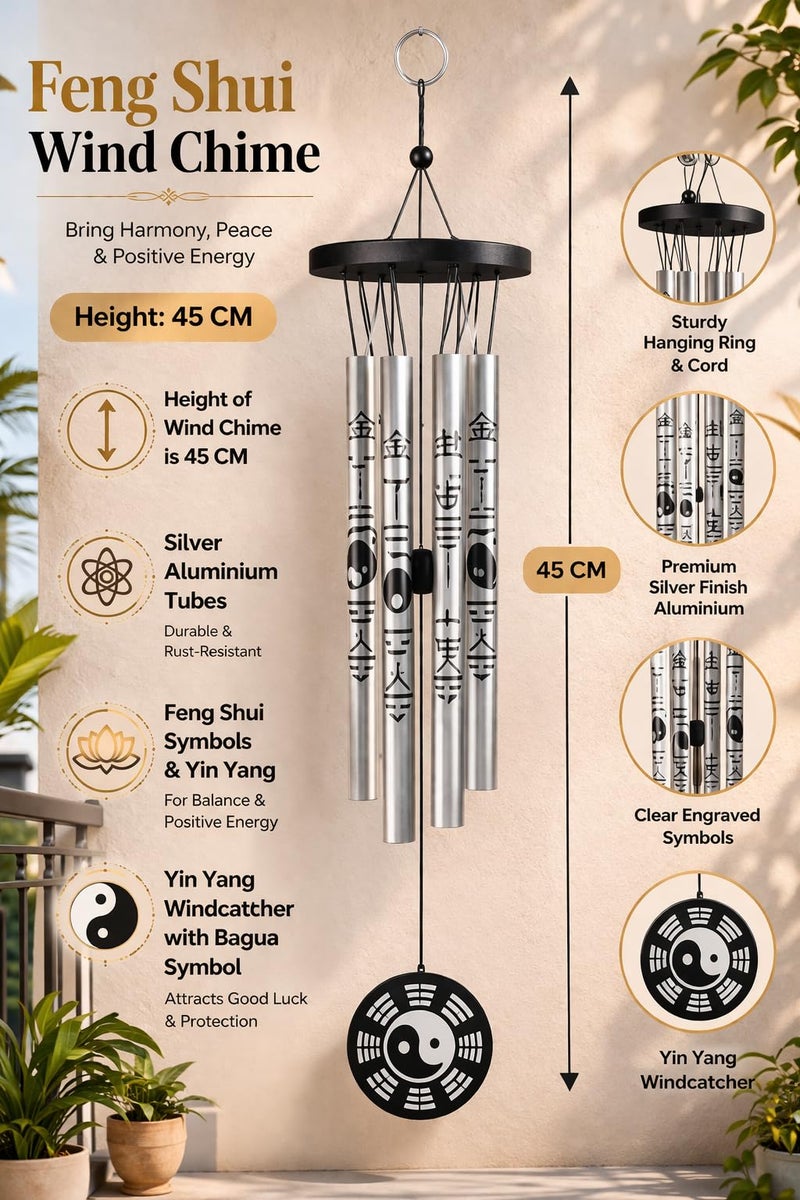GJ Feng Shui Yin Yang Vastu Five Pipe Wind Chime for Balcony, Window and Yin Yang Wind Chime 5 Pipe Silver Colour ( Positive) Energy 45 Cm - Image 2