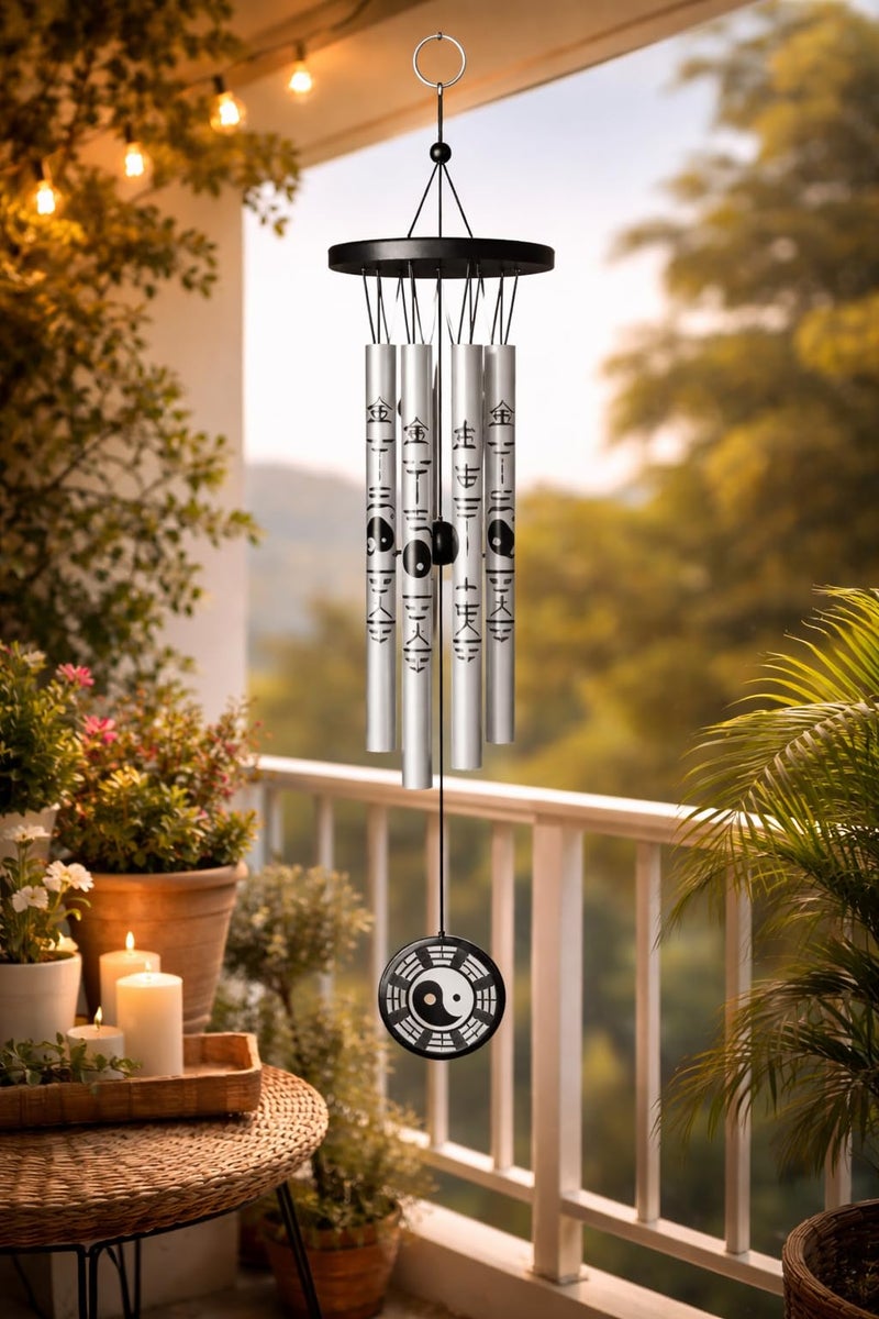 GJ Feng Shui Yin Yang Vastu Five Pipe Wind Chime for Balcony, Window and Yin Yang Wind Chime 5 Pipe Silver Colour ( Positive) Energy 45 Cm - Image 3