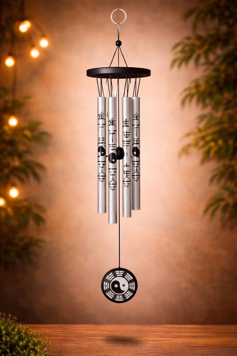 GJ Feng Shui Yin Yang Vastu Five Pipe Wind Chime for Balcony, Window and Yin Yang Wind Chime 5 Pipe Silver Colour ( Positive) Energy 45 Cm - Image 4
