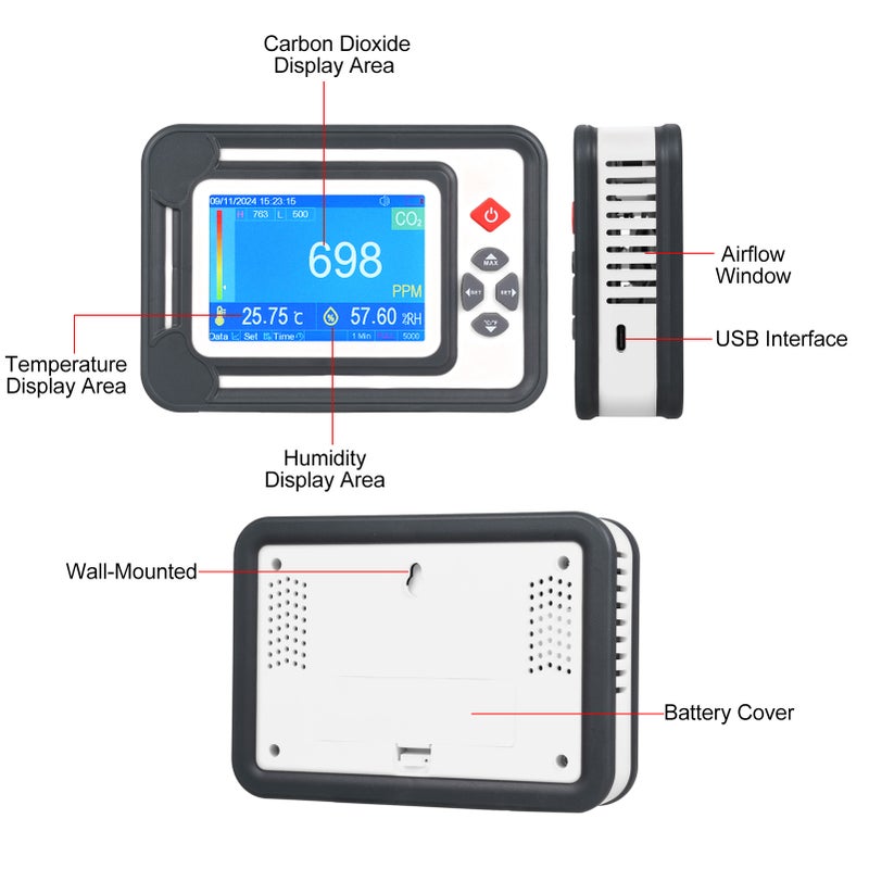 3 in 1 Carbon Monoxide Detector Digital CO2 Monitor CO2 Meter Gas Analyzer Detector 9999PPM CO2 Analyzers With Temperature Humidity Test - Image 4