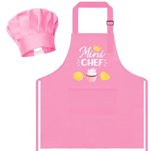 R HORSE Kid Apron and Chef Hat Set 2Pcs Adjustable Children Light Pink Kitchen Toddler Apron for Girls Role Play Chef Toy Cooking Baking Painting and Training Kits Kid Funny Cooking Birthday Gift - Image 1