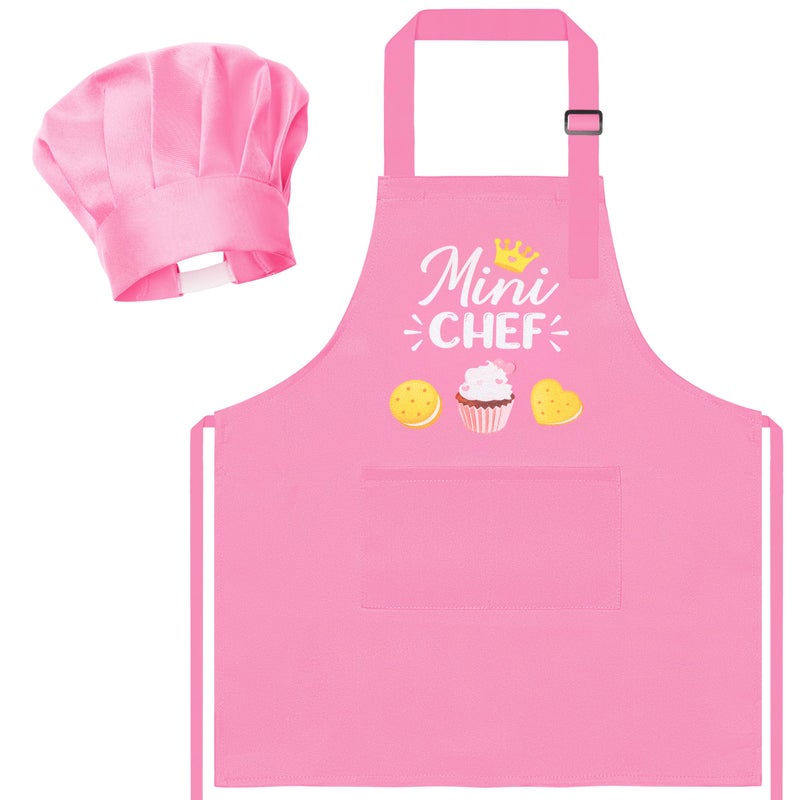 R HORSE Kid Apron and Chef Hat Set 2Pcs Adjustable Children Light Pink Kitchen Toddler Apron for Girls Role Play Chef Toy Cooking Baking Painting and Training Kits Kid Funny Cooking Birthday Gift - Image 2