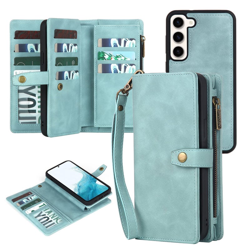 TwoHead for Samsung Galaxy S22 Wallet Case with Card Holder & Detachable Magnetic Phone Case for S22 6.1 inch,PU Leather Shockproof Protective Phone Case Wallet with Wrist Strap(Dream Blue) - Image 1