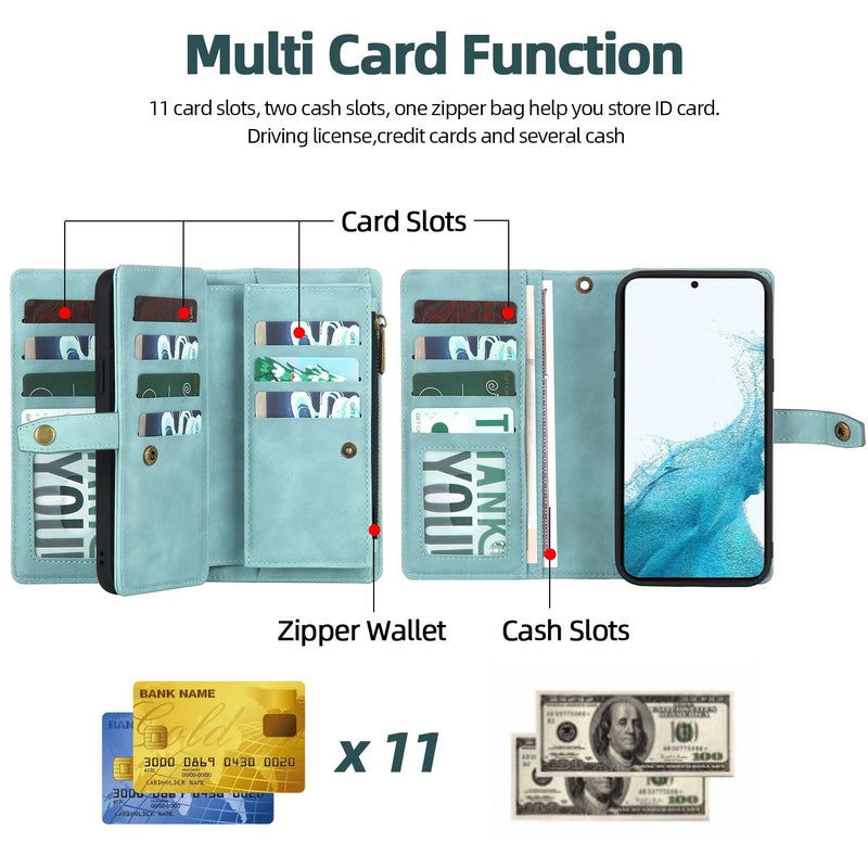 TwoHead for Samsung Galaxy S22 Wallet Case with Card Holder & Detachable Magnetic Phone Case for S22 6.1 inch,PU Leather Shockproof Protective Phone Case Wallet with Wrist Strap(Dream Blue) - Image 4